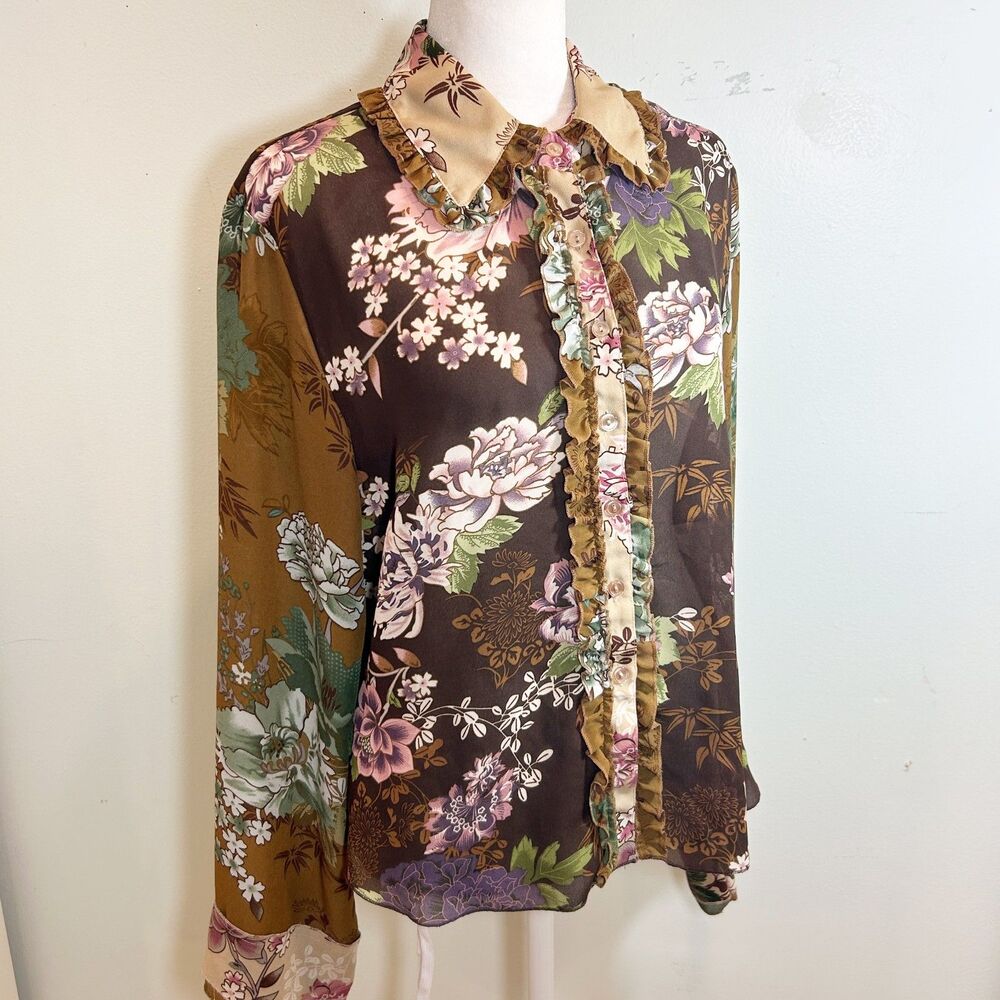 Michele Michelle Ruffle Brown Floral Blouse Size L Boho Fairy Romantic